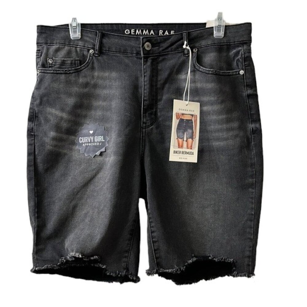 NWT Gemma Rae Women's Plus Gray Stretch Denim Mid Rise Biker Bermuda Shorts 16W